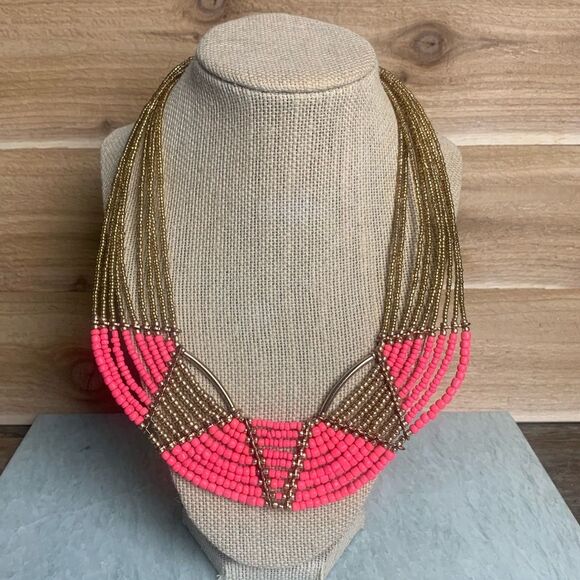 Beaded Boho Style Gold & Pink Statement Necklace - Picture 1 of 8